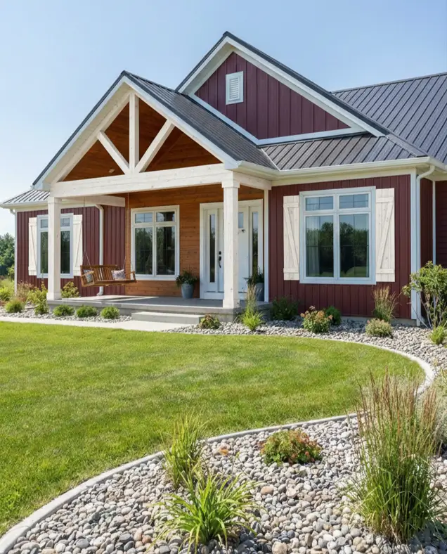 26 House with Board and Batten Siding Ideas for a Timeless Exterior 10 Red house with board and batten siding featuring white trim and rustic shutters.