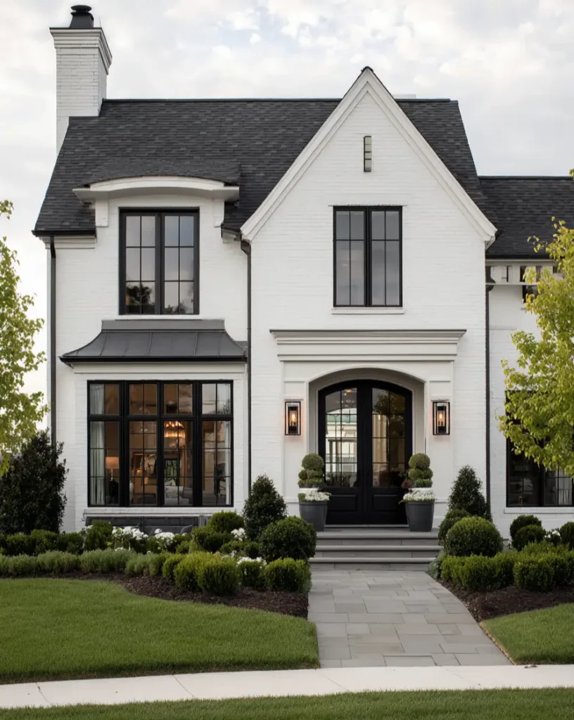 White Farmhouse With Black Trim: 34 Ideas for a Timeless Exterior 10 Black arched double doors flanked by formal topiaries on a white house with black trim.