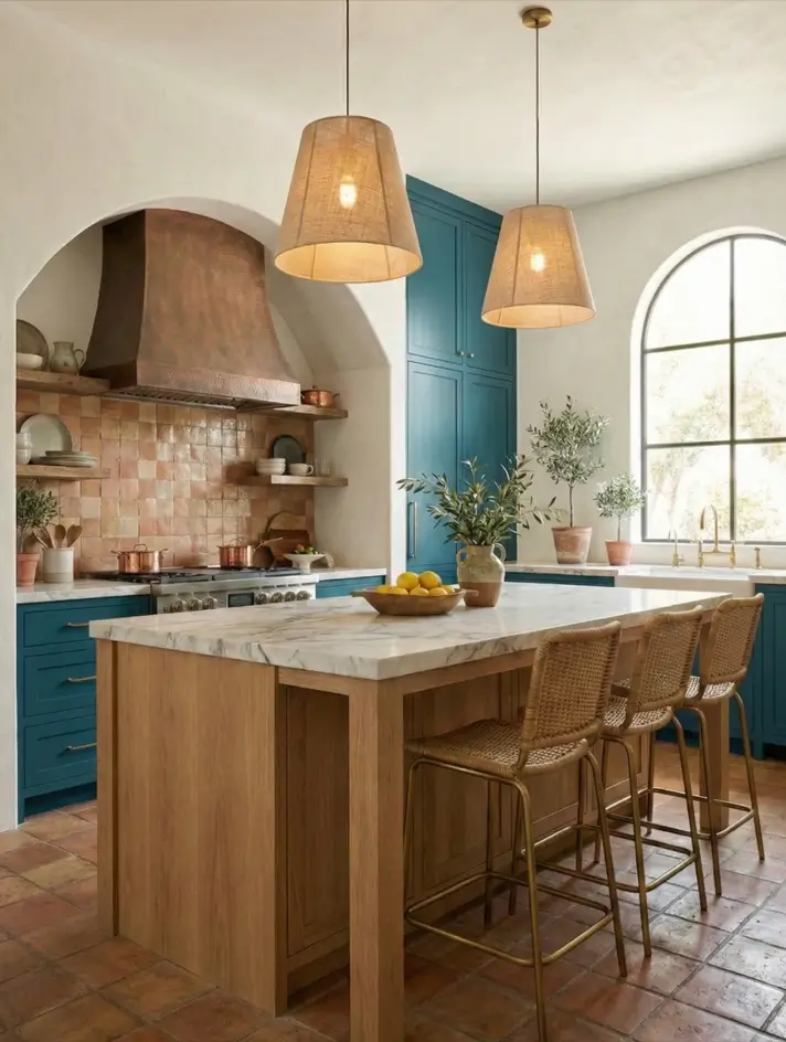 30 Mediterranean Kitchen Ideas for a Warm, Coastal Escape 11 Mediterranean kitchen idea featuring a large hammered copper range hood, teal floor-to-ceiling cabinets, marble island with rattan stools, and terracotta backsplash.