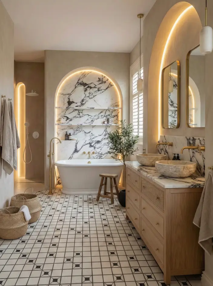30 Mediterranean Bathroom Ideas for a Modern Coastal Escape 11 Illuminated Marble Sanctuary Luxurious modern Mediterranean bathroom with a backlit marble arch, double wood vanity, and stone vessel sinks.
