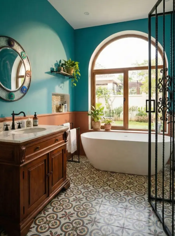 27 Modern Mediterranean Interior Design Ideas That Feel Effortlessly Chic 11 Color-blocked modern Mediterranean interior design bathroom featuring deep teal and rust walls with intricate patterned floor tiles.