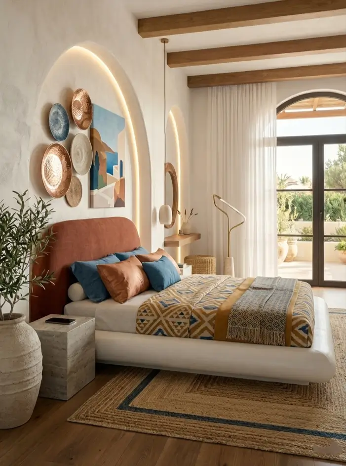 26 Modern Mediterranean Bedroom Ideas That Feel Calm, Warm, and Effortless 11 Backlit wall arches displaying artisanal pottery and woven decor in a modern Mediterranean bedroom.