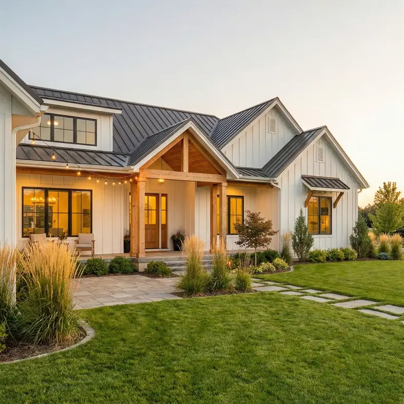 26 House with Board and Batten Siding Ideas for a Timeless Exterior 11 Single-story white house with board and batten siding featuring a natural timber entry porch.