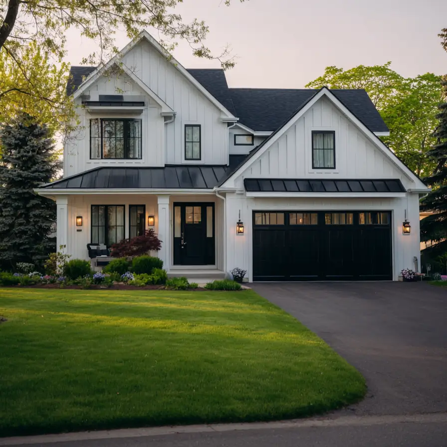 White Farmhouse With Black Trim: 34 Ideas for a Timeless Exterior 11 Mixed shingle and metal roofing adding texture to a white farmhouse with black trim.