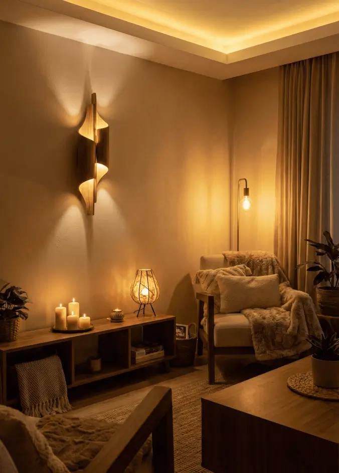 How to Use Lighting to Elevate Your Space 5 Cozy living room with accent lighting from wall sconces, table lamps, and candles, creating a warm and inviting mood in the space.