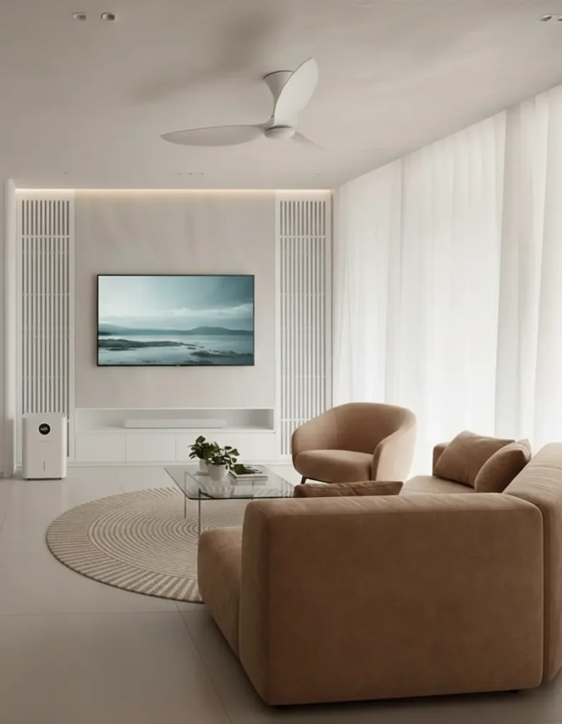 7 Ways to Cool Your Home Without Air Conditioning 9 Living room with a ceiling fan and dehumidifier that improve airflow and reduce humidity for a more comfortable indoor feel.