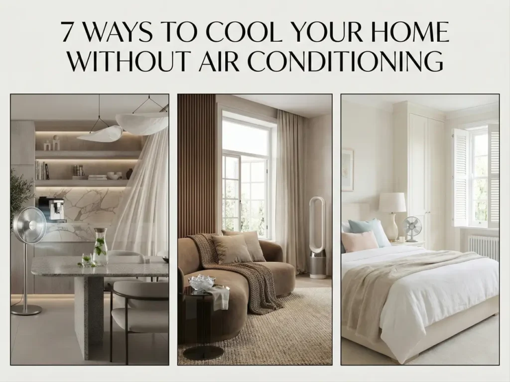 7 Ways to Cool Your Home Without Air Conditioning 64 Feature image showing calm, light-filled interiors illustrating practical ways to cool your home without air conditioning.