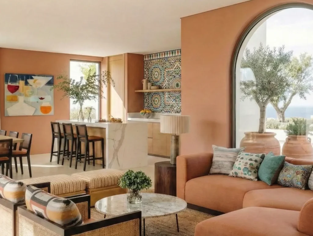 27 Modern Mediterranean Interior Design Ideas That Feel Effortlessly Chic 84 Sun-drenched modern Mediterranean interior design featuring an open-concept living space with warm terracotta tiles, softened architectural curves, natural linen textiles, and a seamless connection to a coastal outdoor patio, embodying a slow living aesthetic.