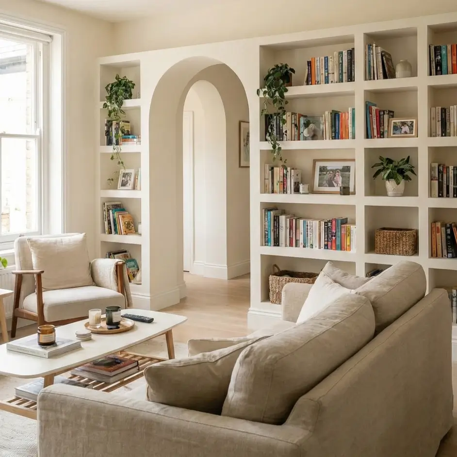 Gypsum Board: Types, Uses, and How It Works in Real Homes 3 Smooth gypsum board walls and ceiling with an arched opening and built-in shelving in a calm, finished living room