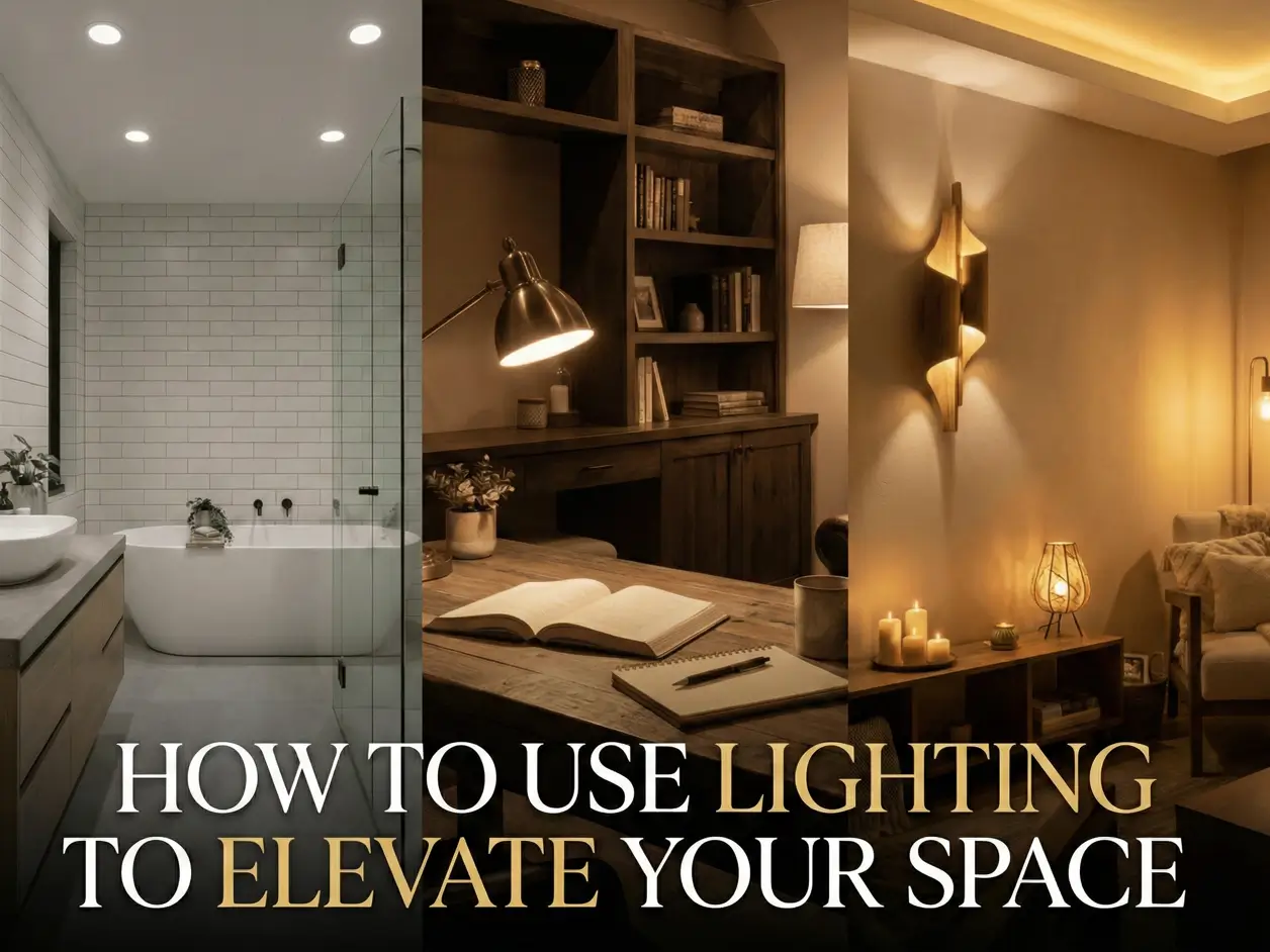 How to Use Lighting to Elevate Your Space 2 Layered lighting examples showing ambient, task, and accent lighting working together to elevate a home and create a warm, cozy atmosphere.