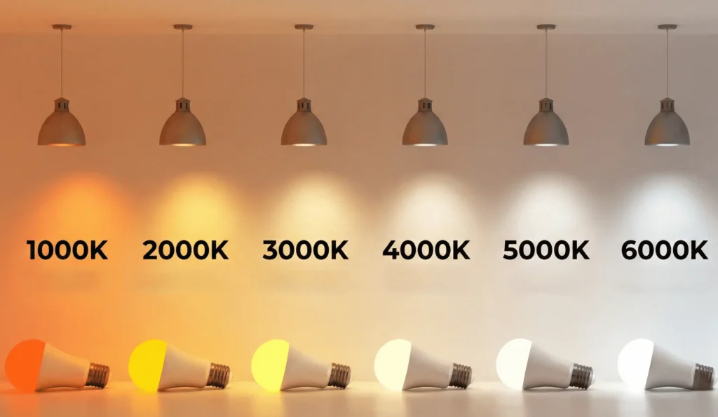 How to Use Lighting to Elevate Your Space 7 Comparison of light bulb color temperatures from warm to cool, showing the Kelvin scale from 1000K to 6000K for home lighting choices.