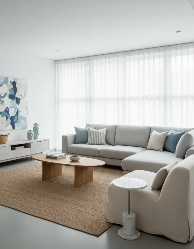 7 Ways to Cool Your Home Without Air Conditioning 6 Living room featuring breathable cotton and linen upholstery that feels lighter and helps reduce a stuffy indoor atmosphere.