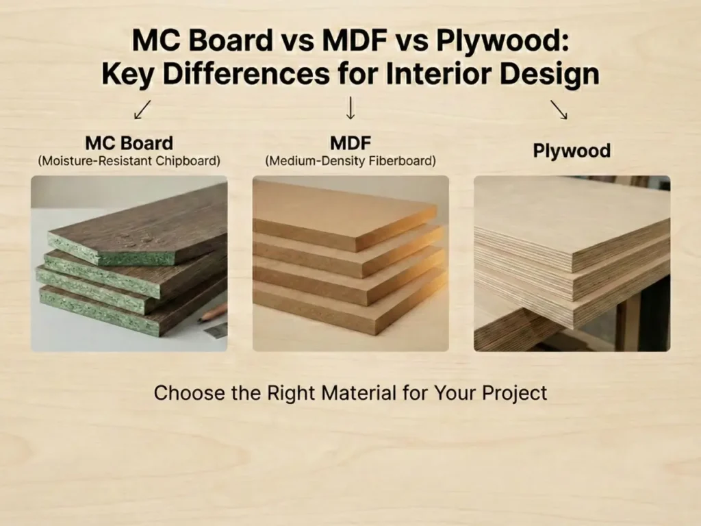 MC Board vs MDF vs Plywood: Key Differences for Interior Design 62 MC Board, MDF, and plywood comparison showing material differences for interior design and furniture use