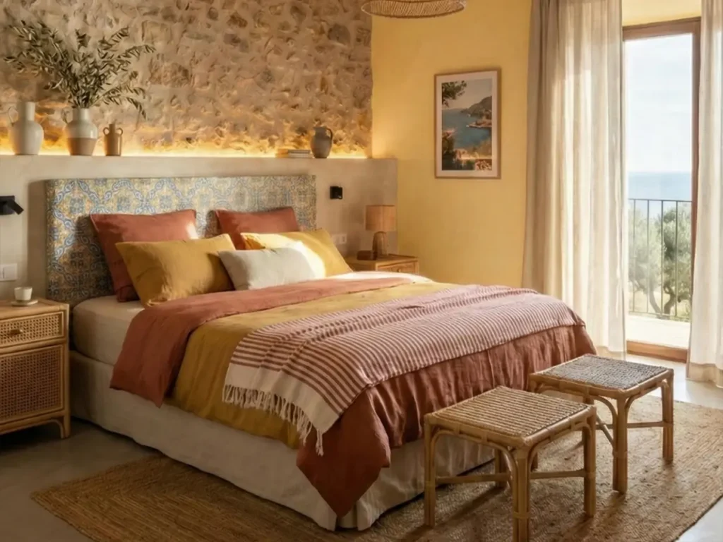 26 Modern Mediterranean Bedroom Ideas That Feel Calm, Warm, and Effortless 59 Bright modern Mediterranean bedroom with a canopy bed, terracotta tiled floor, large indoor olive tree, and an arched window framing a coastal view.