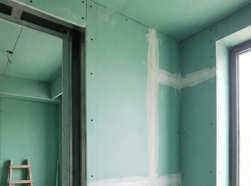 Gypsum Board: Types, Uses, and How It Works in Real Homes 5 Green moisture-resistant gypsum board installed on walls and ceiling in a bathroom before finishing