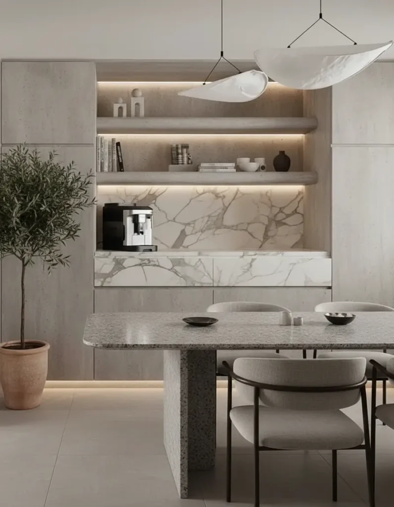 7 Ways to Cool Your Home Without Air Conditioning 5 Interior with stone and marble surfaces that feel cool to the touch and help the room stay comfortable during warm afternoons.