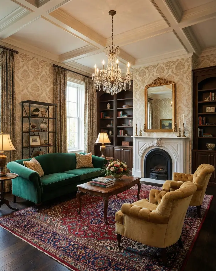 25 Modern Victorian Living Room Ideas That Feel Timeless and Fresh 3 Green velvet Chesterfield sofa paired with mustard tufted armchairs in a living room with coffered ceilings and damask wallpaper.