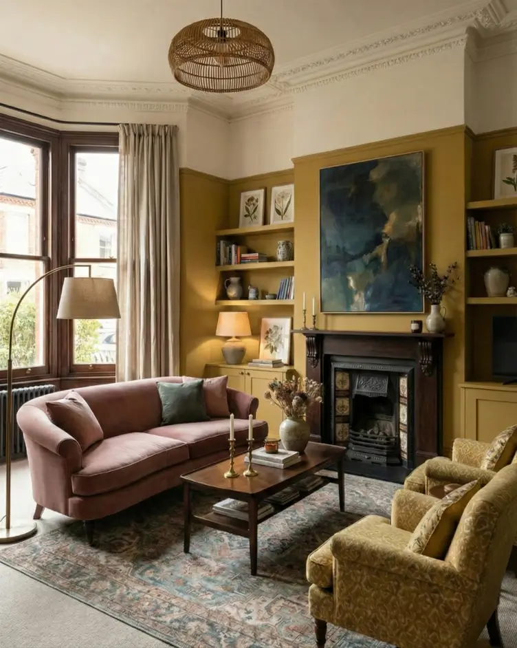 25 Modern Victorian Living Room Ideas That Feel Timeless and Fresh 12 Mustard yellow living room featuring a pink velvet sofa, dark wood fireplace, and a large abstract blue painting.