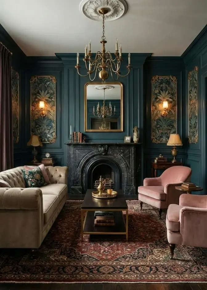 30 Modern Victorian Home Interior Ideas That Feel Timeless 13 Floral wallpaper panels framed by teal molding create a focal point behind soft pink velvet chairs and a black fireplace.