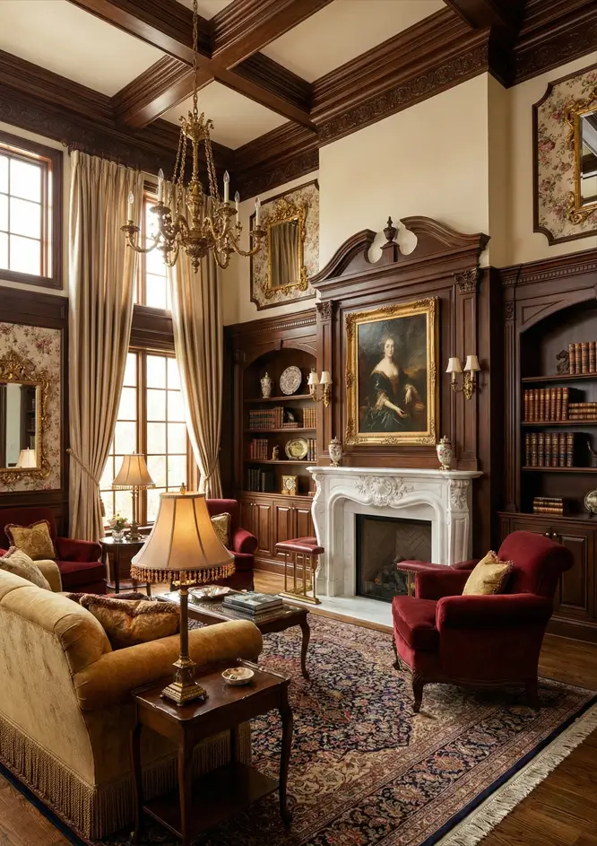 25 Modern Victorian Living Room Ideas That Feel Timeless and Fresh 14 Grand living room featuring high dark wood coffered ceilings, mahogany wall paneling, a large oil portrait, and red velvet armchairs.