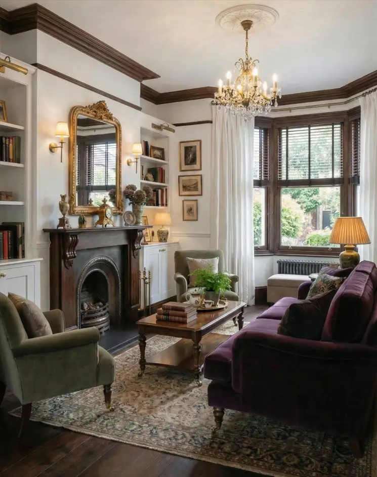 25 Modern Victorian Living Room Ideas That Feel Timeless and Fresh 15 White living room with dark wood crown molding, purple velvet sofa, green armchairs, and bay window.