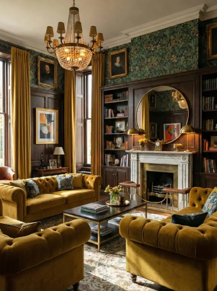 30 Modern Victorian Home Interior Ideas That Feel Timeless 16 Dark mahogany bookshelves and moody floral wallpaper surround mustard yellow velvet sofas in this cozy library space.