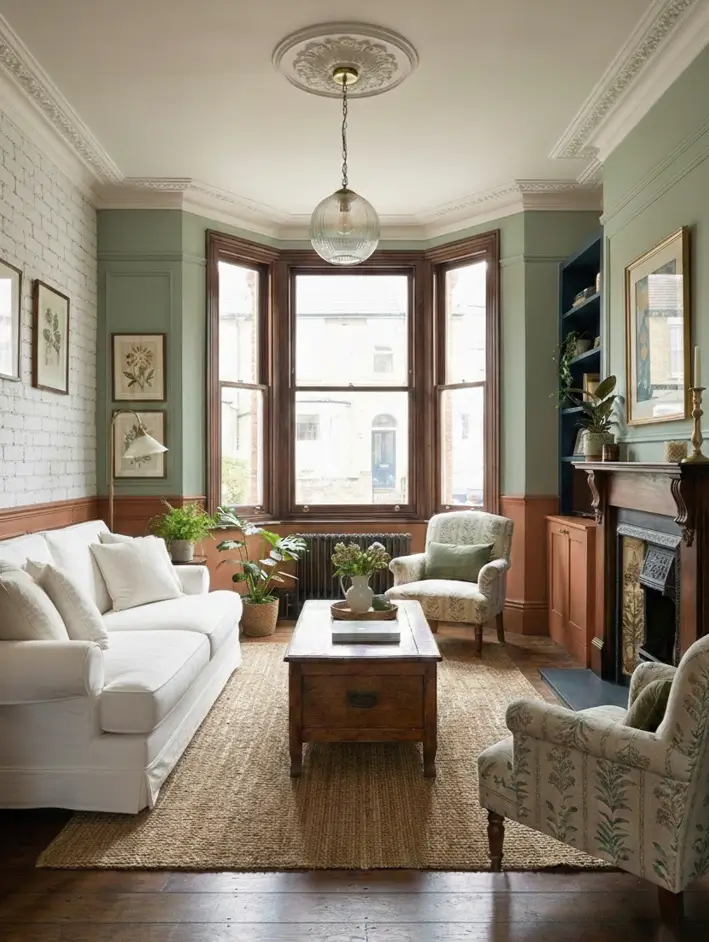 25 Modern Victorian Living Room Ideas That Feel Timeless and Fresh 16 Living room featuring green and terracotta walls, painted white brick, a bay window, and a white sofa on a jute rug.