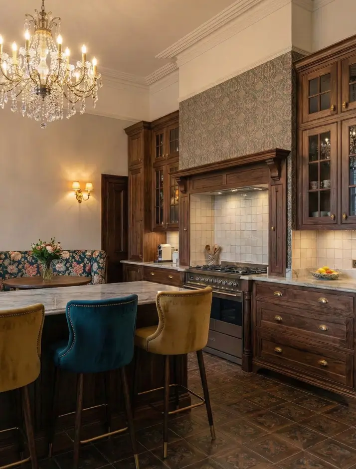 30 Modern Victorian Home Interior Ideas That Feel Timeless 17 Dark wood cabinets and a large crystal chandelier add warmth to this kitchen featuring velvet bar stools at the island.