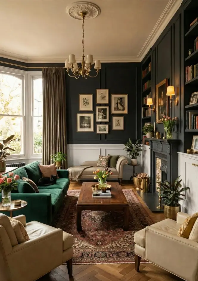 25 Modern Victorian Living Room Ideas That Feel Timeless and Fresh 18 Charcoal living room with white wainscoting, green velvet sofa, leather armchairs, and herringbone wood floors.