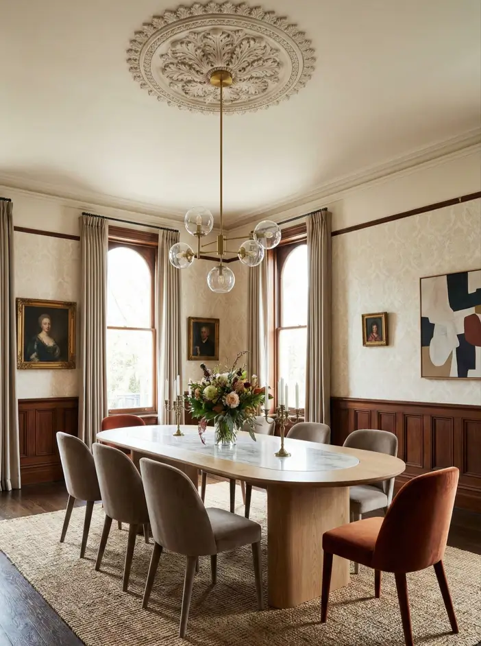 30 Modern Victorian Home Interior Ideas That Feel Timeless 18 Modern brass globe chandelier contrasts with an ornate plaster ceiling medallion in this dining room with wood paneling.