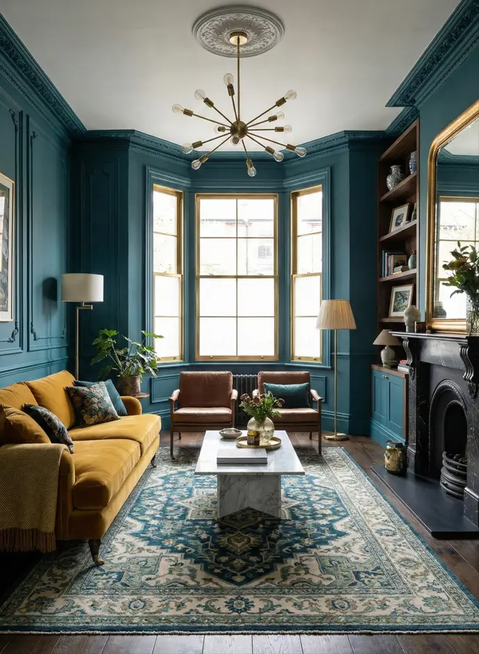 25 Modern Victorian Living Room Ideas That Feel Timeless and Fresh 19 Teal living room with panel molding, mustard velvet sofa, sputnik chandelier, and brown leather armchairs near a bay window.