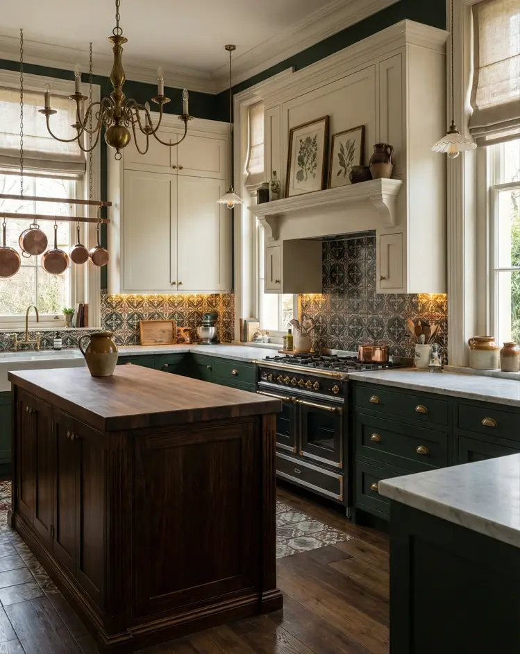 30 Modern Victorian Home Interior Ideas That Feel Timeless 19 Dark green lower cabinets and white upper cabinets create a two-tone look in this kitchen with a wood island.