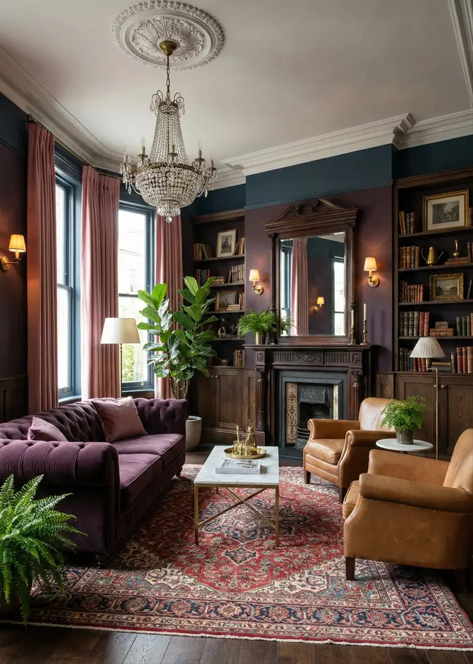 25 Modern Victorian Living Room Ideas That Feel Timeless and Fresh 20 Deep plum living room with dark wood built-ins, purple velvet Chesterfield sofa, tan leather armchairs, and crystal chandelier.