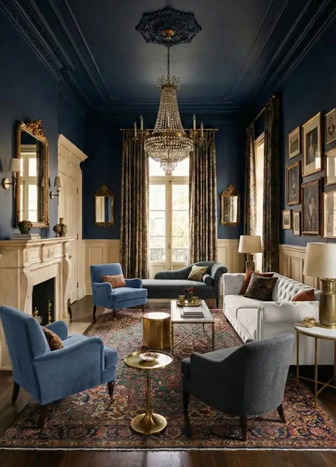 25 Modern Victorian Living Room Ideas That Feel Timeless and Fresh 4 Navy blue living room with a white marble fireplace, gold framed mirrors, and a crystal chandelier.