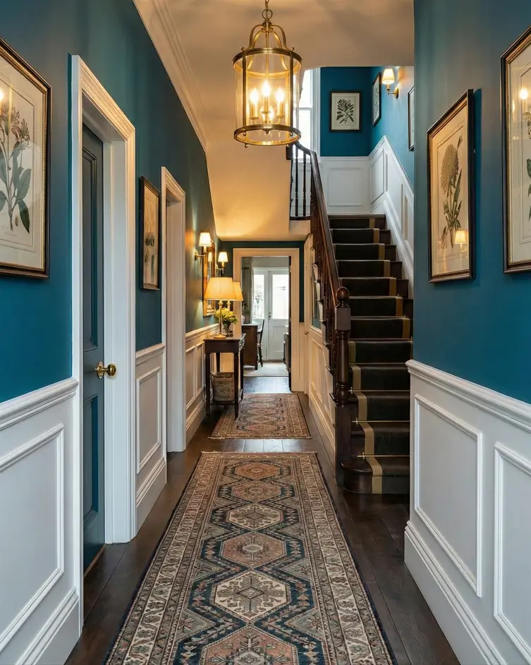 30 Modern Victorian Home Interior Ideas That Feel Timeless 4 Deep teal walls contrast sharply with bright white wainscoting in this hallway, illuminated by a classic brass lantern.