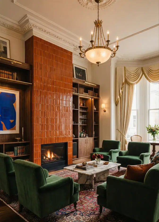 25 Modern Victorian Living Room Ideas That Feel Timeless and Fresh 22 Floor-to-ceiling orange tiled fireplace in a Victorian living room with green velvet armchairs and marble coffee table.