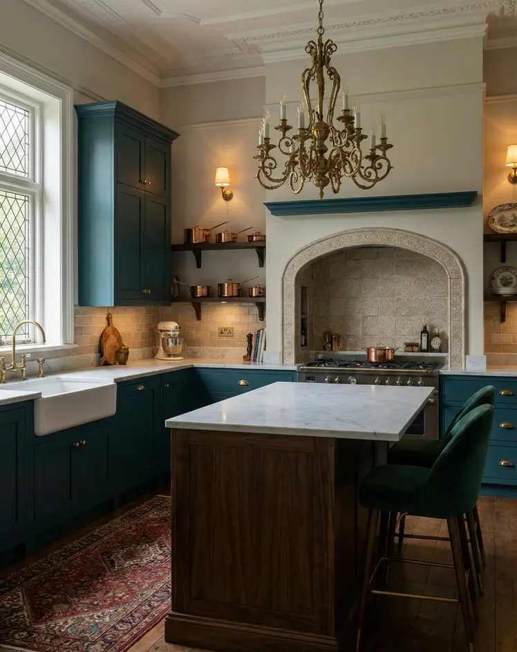 30 Modern Victorian Home Interior Ideas That Feel Timeless 22 Tiled arched niche above the stove adds character to this teal kitchen featuring a wood island and brass chandelier.