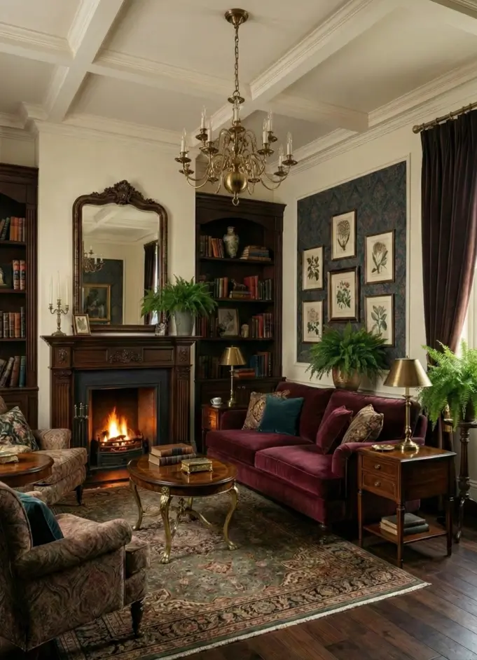 25 Modern Victorian Living Room Ideas That Feel Timeless and Fresh 23 Burgundy velvet sofa in a living room with dark wood fireplace, coffered ceiling, and floral wallpaper inside wall panels.