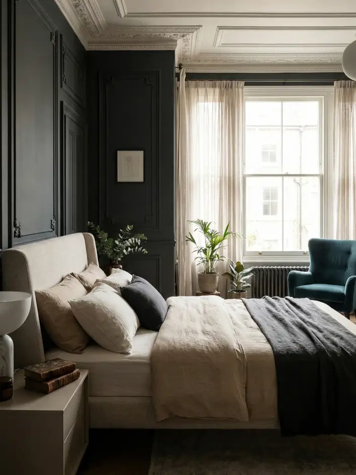 30 Modern Victorian Home Interior Ideas That Feel Timeless 24 Charcoal grey paneling creates a cozy retreat in this bedroom, paired with soft beige linen bedding and a teal chair.
