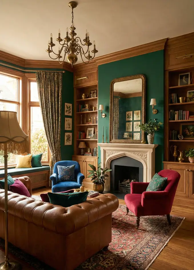 25 Modern Victorian Living Room Ideas That Feel Timeless and Fresh 24 Emerald green accent wall with oak built-in shelves, brown leather Chesterfield sofa, and red velvet armchair near a stone fireplace.