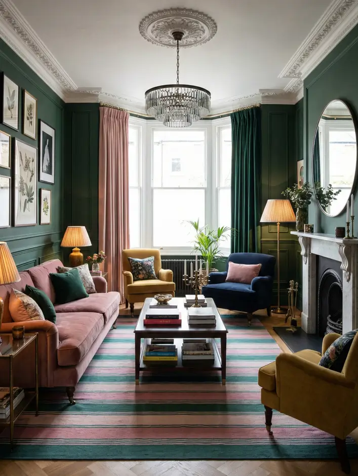 25 Modern Victorian Living Room Ideas That Feel Timeless and Fresh 25 Green living room featuring a pink velvet sofa, mustard armchair, striped rug, and white marble fireplace.