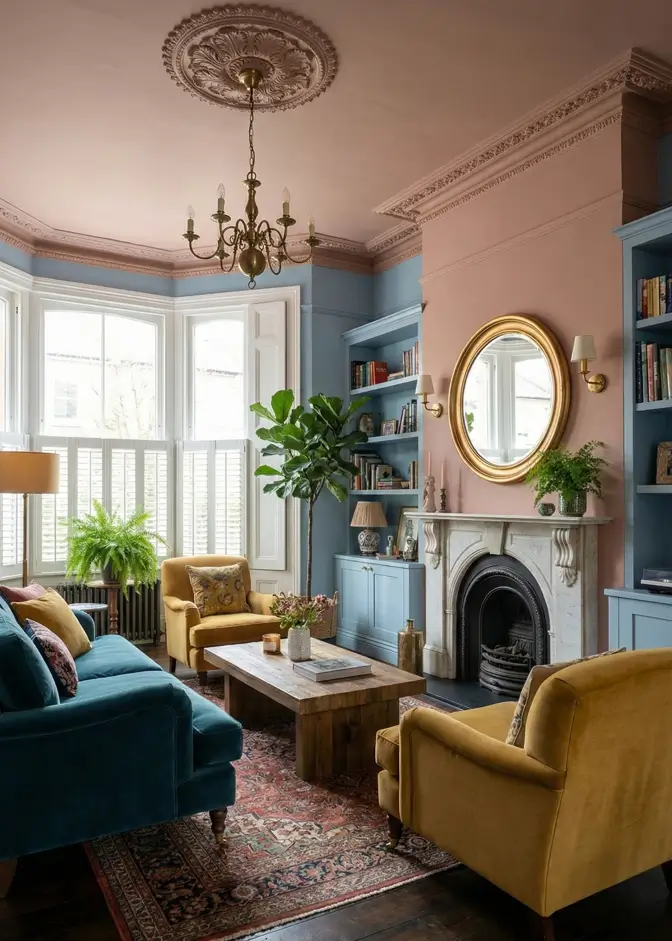 25 Modern Victorian Living Room Ideas That Feel Timeless and Fresh 26 Pink and blue living room with teal velvet sofa, mustard armchairs, white marble fireplace, and bay window shutters.