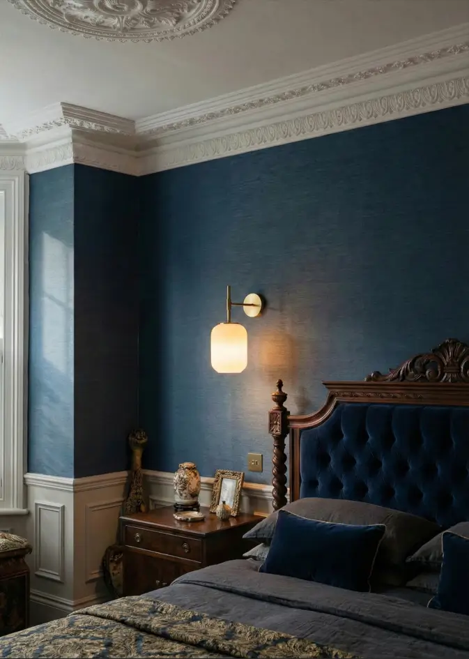 30 Modern Victorian Home Interior Ideas That Feel Timeless 26 Textured blue wallpaper sits above white wainscoting, accented by a modern brass wall sconce near the dark wood bed.