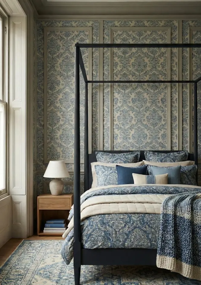 30 Modern Victorian Home Interior Ideas That Feel Timeless 27 Blue damask wallpaper fills the panel frames in this bedroom, featuring a sleek black four-poster bed and vintage rug.