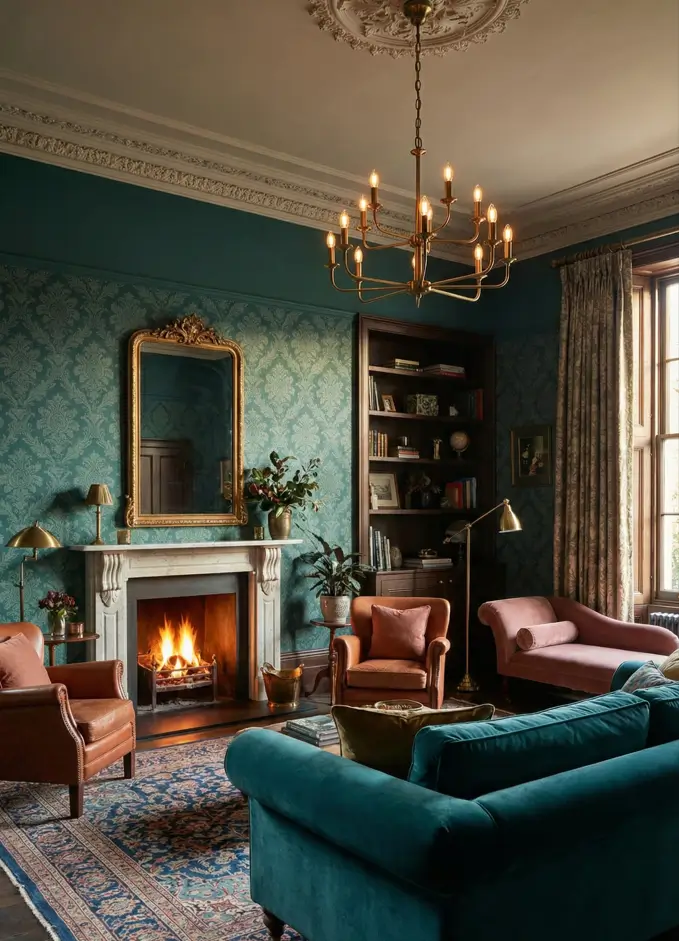 25 Modern Victorian Living Room Ideas That Feel Timeless and Fresh 27 Teal damask wallpaper living room with velvet sofa, leather armchairs, and white marble fireplace.