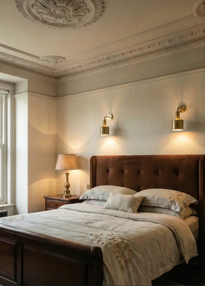 30 Modern Victorian Home Interior Ideas That Feel Timeless 28 Brown velvet bed frame flanked by modern brass cylinder sconces contrasts with the intricate ceiling plasterwork above.