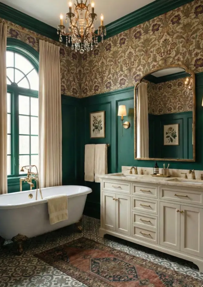 30 Modern Victorian Home Interior Ideas That Feel Timeless 29 Emerald green wainscoting and floral wallpaper frame a classic white clawfoot tub in this vintage-inspired bathroom.