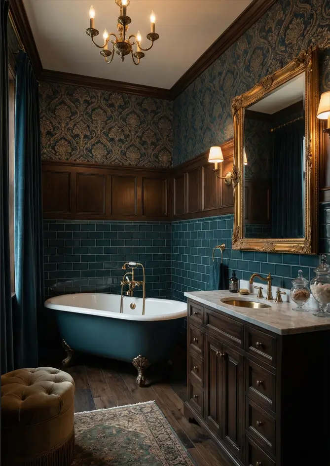 30 Modern Victorian Home Interior Ideas That Feel Timeless 30 Teal subway tiles layered below dark wood paneling create a moody atmosphere in this bathroom with a freestanding tub.