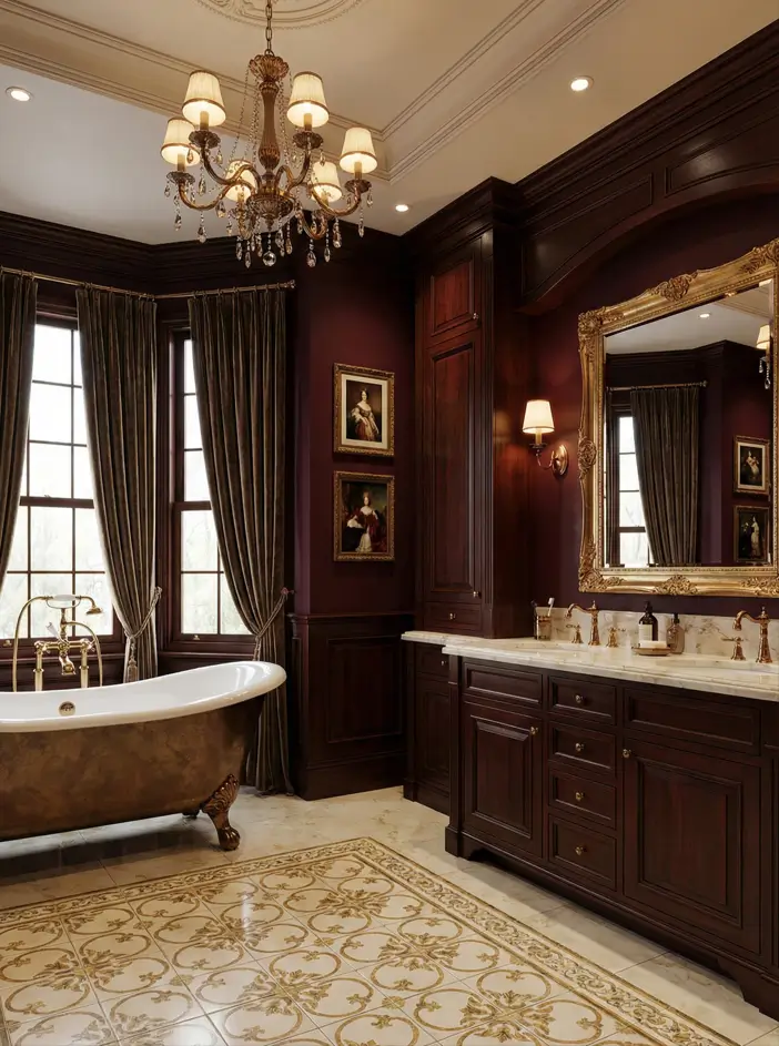 30 Modern Victorian Home Interior Ideas That Feel Timeless 31 Mahogany vanity and millwork surround a copper bathtub, grounded by intricate patterned floor tiles in this spacious bath.
