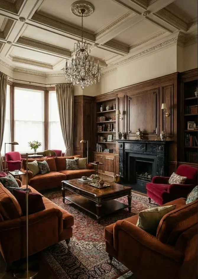 30 Modern Victorian Home Interior Ideas That Feel Timeless 5 Ornate coffered ceiling and dark wood paneling define this living room, featuring a black marble fireplace and velvet seating.